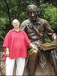 Elizabeth Ellis at Hans Christian Anderson statue, Central Park, New York City